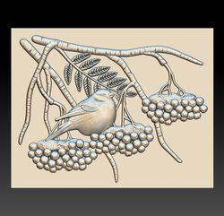 3d stl model file panel bullfinch on a rowan tree for cnc router engraver carving