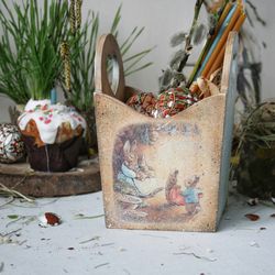 wooden decorative basket, easter egg box, storage box, small wooden decorative basket with handles