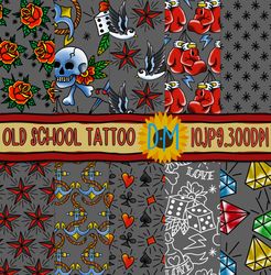 old school tattoo seamless pattern - tattoo digital papers - grey background