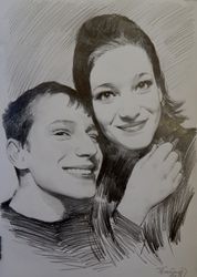 two persons hand-drawn pencil portrait from photo and scanned to digital file, custom portrait from photo