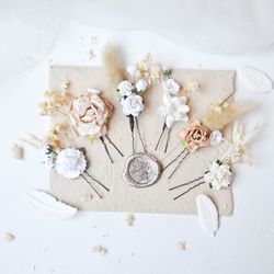 beige flower hair pins, hair accessories, bridal hair