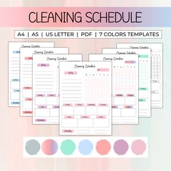 weekly cleaning schedule planner template, daily cleaning checklist printable to do list, house chore list, 7 colors.