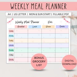 weekly meal planner editable printable weekly menu template, bonus grocery list, shopping list, family food journal.