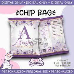 lavender and gold floral chip bag, personalized, not editable