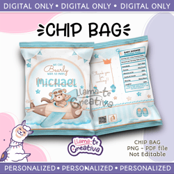 baby shower aviator bear chip bag, personalized, not editable