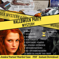 printable jessica turner murder case: halloween party mystery game, detective game, unsolved cold case files,  printable