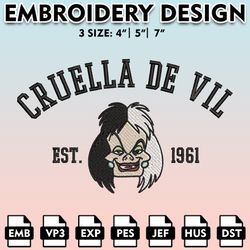 cruella de vil est halloween embroidery files, disney embroidery designs, scary friends machine embroidery pattern