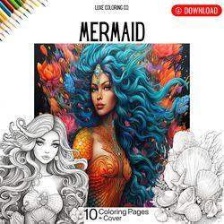 grayscale mermaid coloring pages | colouring books | coloring pages for adults | unique gift | collection | mermaid