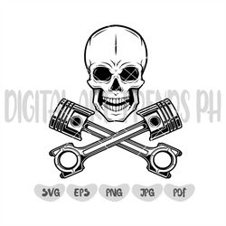 skull with crossed engine piston svg, skull svg, mechanic svg, mechanic, mechanic logo, engine piston svg, piston svg, m