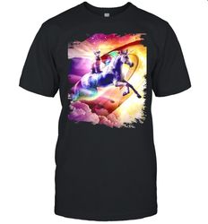 rainbow galaxy cat riding unicorn in space t-shirt