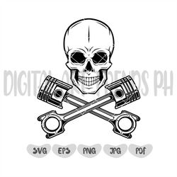 skull with crossed engine piston svg, skull svg, mechanic svg, mechanic, mechanic logo, engine piston svg, piston svg, m