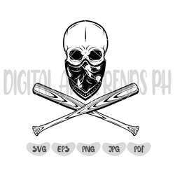 skull with crossed bats svg, skull bandana svg, skull bandit with bats svg, skull svg, gangster skull svg, digital downl