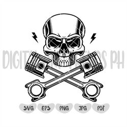 skull with crossed engine piston svg, skull svg, mechanic svg, mechanic, mechanic logo, engine piston svg, piston svg, m