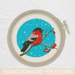 bullfinch cross stitch pattern pdf, bird cross stitch pattern, winter, snow -  instant download