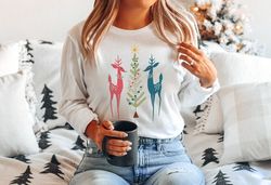 1950s mcm christmas deer unisex long sleeved tshirt - retro holiday graphic tee - mid century modern kitsch shirt