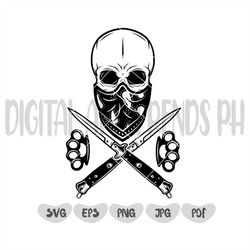skull with crossed knives svg, skull bandana svg, skull bandit with knives svg, skull svg, gangster skull svg, digital d