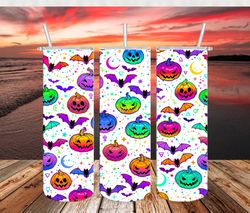 multicolored halloween pumpkin 20oz skinny tumbler, bright colorful sublimation design, halloween bat pumpkin tumbler pn