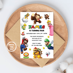 personalized file mario bros invitation, super mario birthday invitation, super brothers boy invite, video game, kid