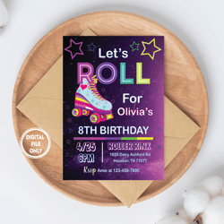 personalized file skate party birthday invitation png, party invitation girl boy roller skating png, retro neon lights