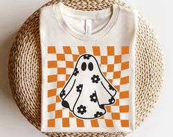 checkered daisy ghost svg, floral ghost outline svg, checkered halloween svg, ghost with flowers svg, spooky season svg,