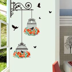 colorful flower birdcage flying birds wall sticker creative home decor living room decals wallpaper bedroom