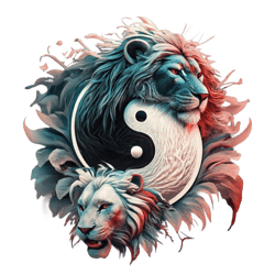 ying yang sign made of a black lion head and white lion head