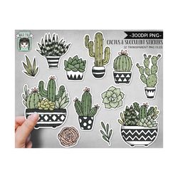printable cactus succulent sticker files png file, succulent illustrations, planner sticker file, cactus planters, plant