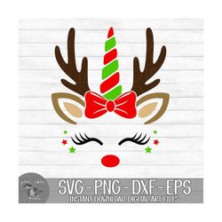 reindeer unicorn - instant digital download - svg, png, dxf, and eps files included! - christmas, girl, bow, face, antle