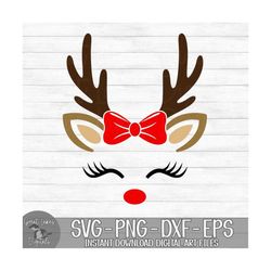 reindeer with bow - instant digital download - svg, png, dxf, and eps files included! - christmas, reindeer face, antler