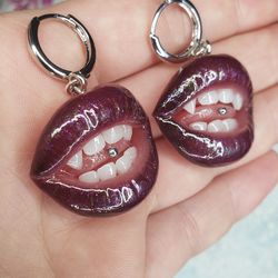 purple vampire lips earrings, polymer clay, stainless steel