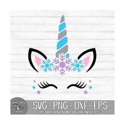 snowflake unicorn - instant digital download - svg, png, dxf, and eps files included! - girl, unicorn face, christmas, w