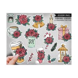 printable christmas sticker files png file, poinsettia illustrations, christmas planner sticker file, candy cane, stocki