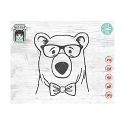 bear svg file, bear with glasses bowtie svg, bear cut file, animal face, baby bear, hipster, cute boy bear svg, cute bea