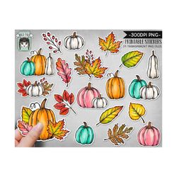 printable fall sticker files png file, pumpkin fall leaves illustrations, autumn planner sticker file, thanksgiving, hal