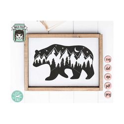 bear svg, bear silhouette svg, bear mountain scene, forest trees, camping svg file, hiking, adventure, mountain range, n