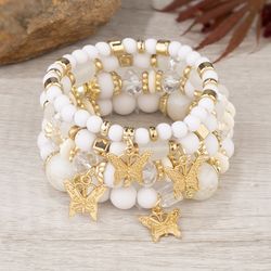 ensemble de bracelets a breloques papillon boheme pour femme, perles acryliques blanche