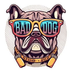 english bulldog wearing sunglasses text "bad dog"