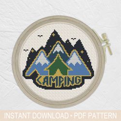 camping cross stitch pattern pdf, nature, hiking - instant download