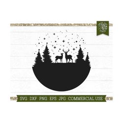 deer svg, buck and doe svg cut files for cricut, snowy winter scene, pine tree circle svg, christmas deer svg, deer in t