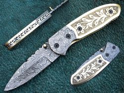 8" superior hand forged damascus blade fancy folding knife , folding blade knife