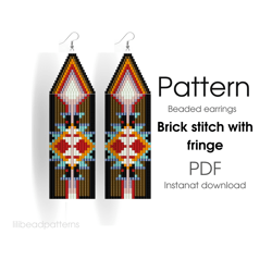 earring pattern for beading - brick stitch pattern for beaded fringe earrings - instant download. bead weaving.