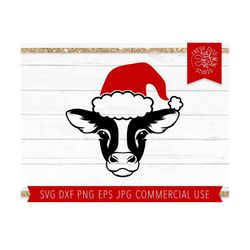 christmas cow svg cut file for cricut, cow face svg, cow with santa hat svg, farm christmas, rustic christmas instant do