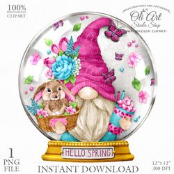 Spring Gnome, Snow Globe, Gnome Images. Gnomes Graphics. Cute Gnome PNG. Gnome Digital Download