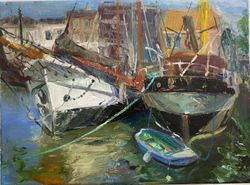 old boats in a harbour oil painting, marina painting, boats painting