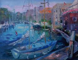 yachts in a harbour. oil painting