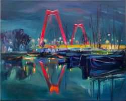 the red brige in rotterdam at night oil painting