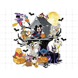 mouse and friends halloween png, witch's broom png, happy halloween png, spooky season, haunted house, trick or treat, p