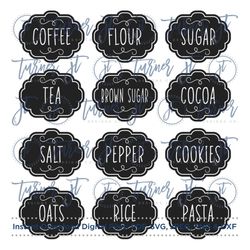 farmhouse pantry canister labels svg cut file ( coffee, flour, sugar, tea, brown sugar, cocoa, salt, pepper, cookies, oa