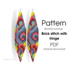 beaded earrings pattern, double brick stitch with fringe - colorful abstract modern earrings pattern - instant download