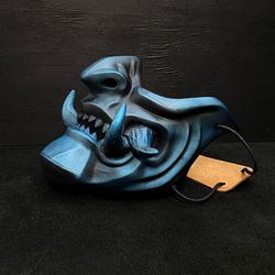 samurai oni half mask, wearable mempo mask: black with blue metallic menpo mask with big fangs, samurai half mask